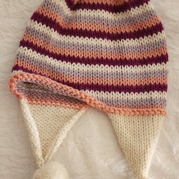 Alpaca chuyo pink stripe chullo with large pompons.  NEW - Picture 1 of 2